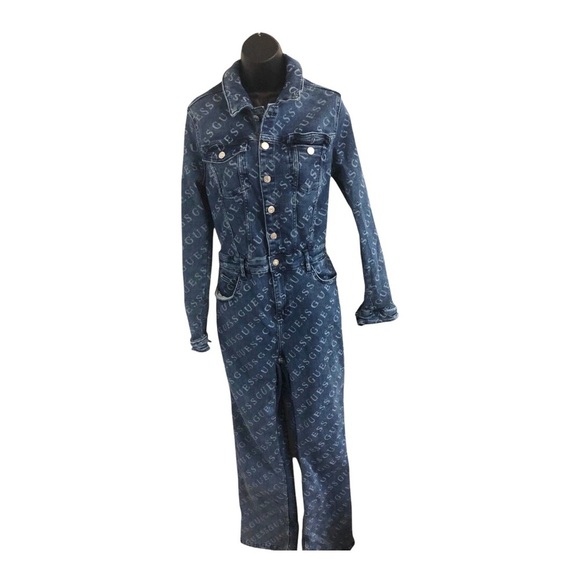Guess Lorena blue jeans all over Guess logo collared denim jumpsuit size XL new - Picture 9 of 16